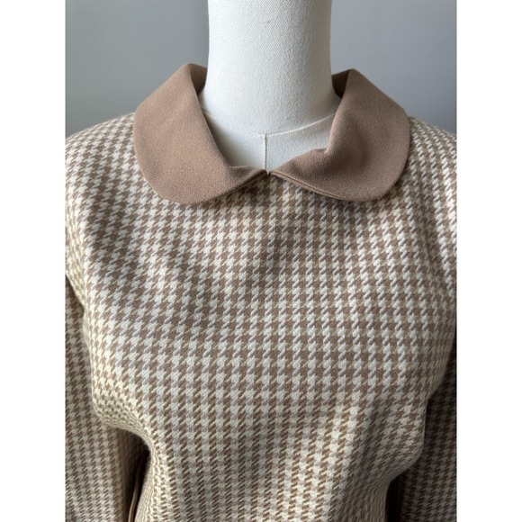 Tan Houndstooth Skirt Suit Women 12 2 Pc Peter Pan Collar William Pearson - Picture 2 of 8